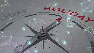 Compass rose pulsating nodes fading in, red pointer rotating clockwise to highlight HOLIDAY text