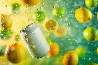 Soda drink can 330ml floating, lemons and limes in the air scattered, vibrant background of yellow and lime green color