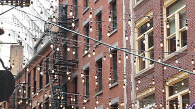 New York City Manhattan building architecture. Red brick house exterior. Real estate property, USA.