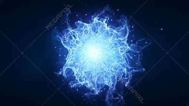 A dynamic burst of electric blue energy sphere radiating from a central point against a dark background, representing