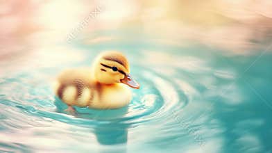Fluffy baby duck enjoys a peaceful swim in tranquil, clear water, creating gentle ripples and soft reflections