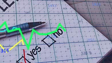 Drawing on graph paper, hand with pen marking yes or no checkbox near green chart