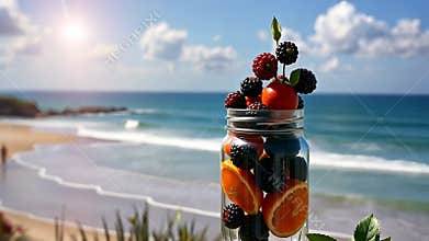 Fruit infused water jar, healthy drink and refreshment stock footage Generative AI