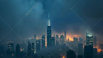 City skyline at night with skyscrapers, urban cityscape and lights stock footage Generative AI