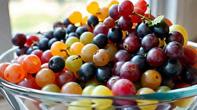 Colorful grapes on vine, fresh fruit and vineyard harvest stock footage Generative AI