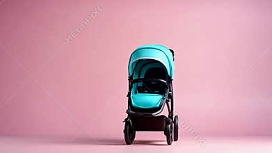 A blue stroller with a blue canopy sits on a pink background