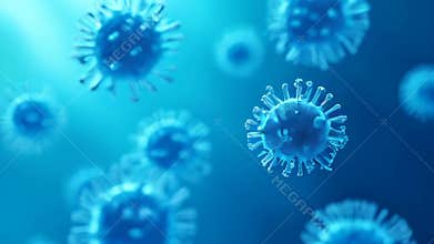 Microscopic virus cells floating in blue environment