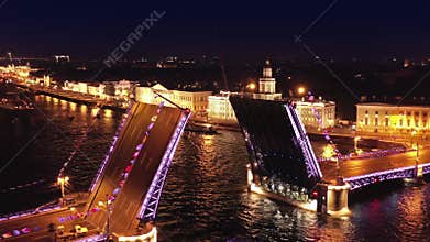Aerial of drawn Palace bridge and Winter Palace