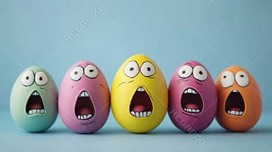 Colorful easter eggs with cartoon faces expressing surprise on blue background. Easter, Pascha, Paskha, Ostern, Pascua