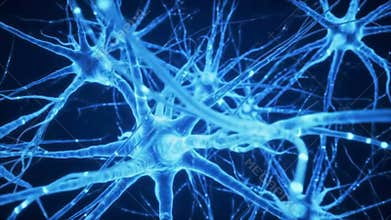 Neurons network with blue light, brain cells connecting, nerve cells, axon