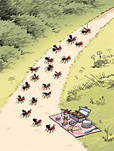 Marching Ants Approach a Colorful Picnic Spread on a Sunny Path Surrounded by Greenery Generative AI