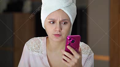 beautiful woman with happy wanderer surprised excited smile face wrapped hair on head and body in shower bath spa towel