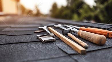 Roofing professional laying out organized toolkit and repair materials on angled roof surface with meticulous workspace