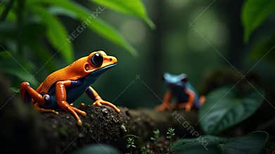 Vibrant Poison Dart Frogs in Lush Rainforest Habitat with Emerald Foliage