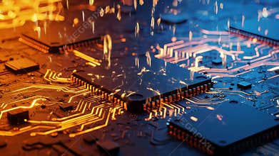 Close Up of a Blue and Orange Microchip on a Circuit Board Design