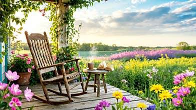Wooden Rocking Chair on Porch Surrounded by Spring Flowers