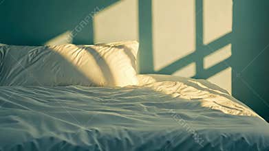 Empty bed with pillow and sunlight shining through window, mockup design