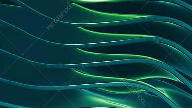 Seamless loop background with blue metallic waves and green light with smooth realistic reflections
