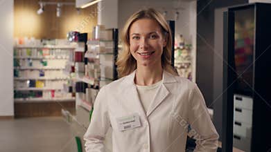 Caucasian woman pharmacist female doctor adviser pharmacology medicine in drugstore health care products pills