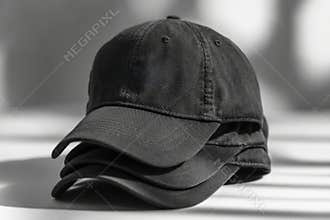 Stack of cotton baseball caps in sunlight