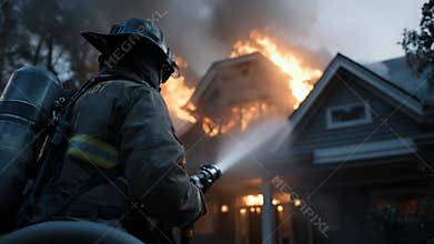 A courageous firefighter is fighting valiantly against a house blaze at dusk