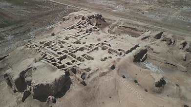 Toprak-Kala fortress captured in wide desert aerial perspective