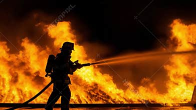 Brave Firefighter Silhouetted Against Fiery Inferno