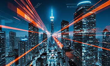 Futuristic Neon Data Flow Over Cyber City at Night