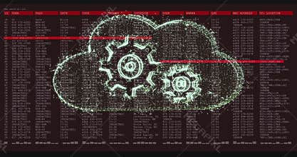 Bright artifact appearing stretching into cloud forming service gears while red bar scanning code