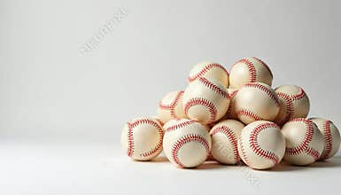 Pile cream-colored baseballs with red stitching. Sport equipment isolated on white background. Baseballs stacked, arranged, ready