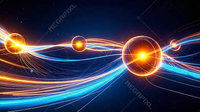Quantum entanglement illustrated by glowing spheres connected by energy beams in cosmic background.