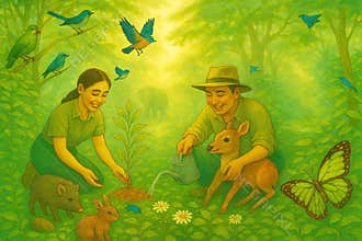 Life on Land – Harmony Between Humans, Animals, and Nature in a Lush Green Forest