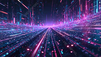 A digital grid of flowing neon lines and morphing geometric shapes with glowing edges