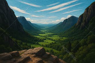 Majestic mountain valley vista under a vast sky with wispy clouds and lush green fields