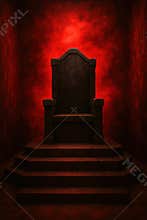 A majestic ornate throne sits upon a grand staircase bathed in dramatic fiery red illumination