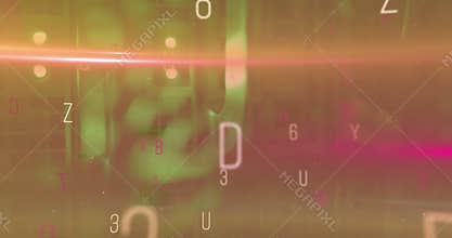 Red-pink beam starting sweep, green drum rotating clockwise, shifting glyphs and glitch bars