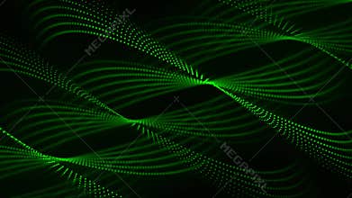 Seamless loop animation of abstract curve form made of glowing green dots on a dark background
