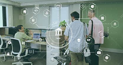 Clients carrying bicycle entering bank consulting banker while banking icons overlaying desks