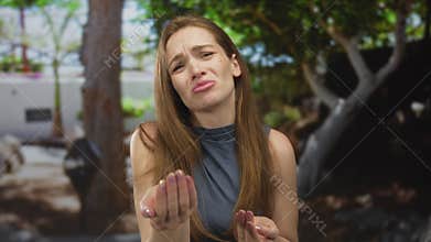 Serious young woman holding palms up begging gesture in forest clearing under daylight; desperation
