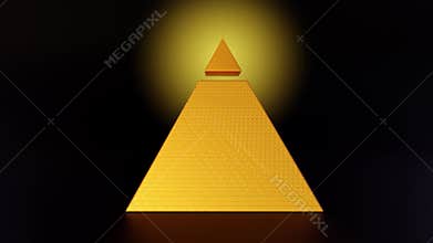 A 3d animation of rotating gold pyramid eye in the black background.