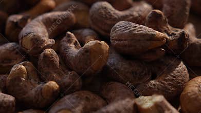 Close-up of raw cashew nuts on wooden surface