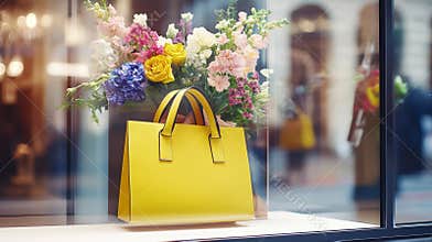 Bright yellow handbag displayed with colorful flowers in a boutique window during daytime shopping hours