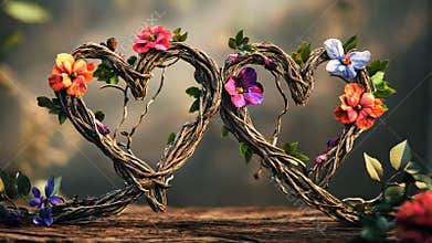 A pair of intertwined hearts made of vines and flowers, symbolizing unity and everlasting love