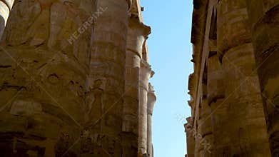 Large Egyptian columns in the ruined temple at Karnak
