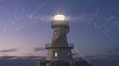 A magical lighthouse at dusk, emitting shimmering starlight into the twilight sky.