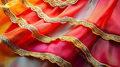 Vibrant mexican textile background with intricate gold embroidery, flowing fabric in bright colors celebrating cinco de