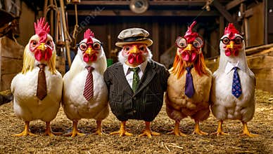 A group of chickens wearing suits and ties standing next to each other
