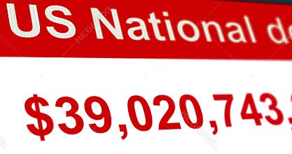 USA National Debt counter, increasing number of unprecedented state debt of United States of America, close-up