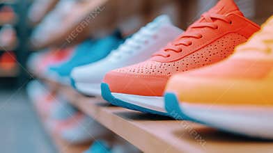 Colorful athletic sneakers displayed on a shoe store shelf, AI Generative