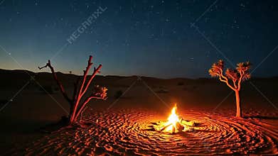Desert campfire at night, starry sky, outdoor adventure, peaceful solitude stock footage generative AI